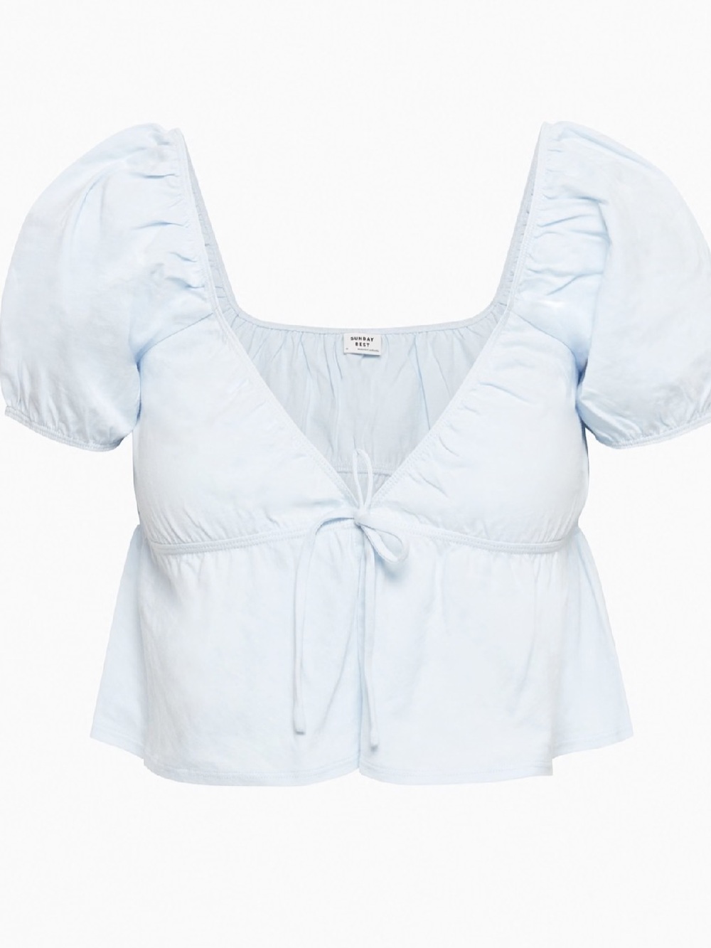 Open back light Blue Puff Sleeve Tie-Front Top